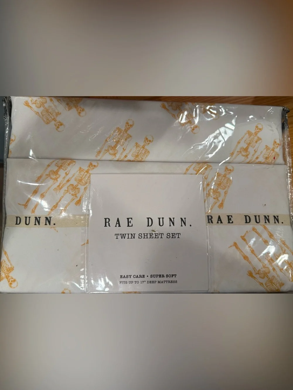 Rae Dunn White Twin Sheet Set with Orange Skeleton Motif